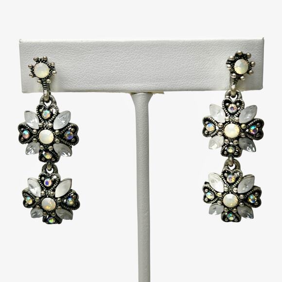 Earrings Dangle Rhinestones AB Color Accents Antiqued Silver Tone Romantic Boho - Picture 2 of 8